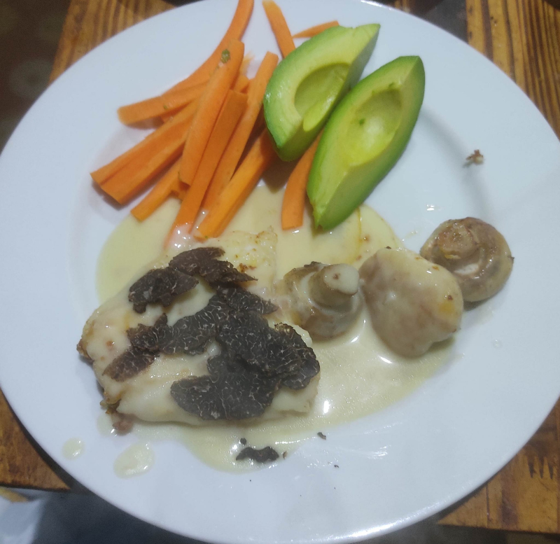 Cod filet with fried mushroom beurre blanc avocado and truffle